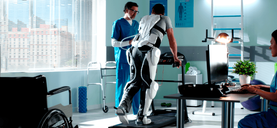 Rehabilitation session with exoskeleton in clinic