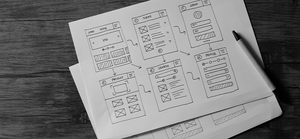 Website wireframe on paper