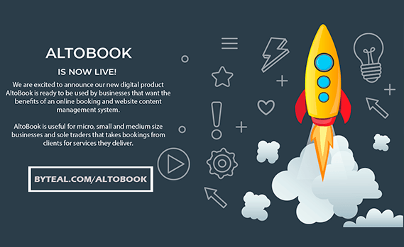 Rocket taking off next to text stating that AltoBook is live